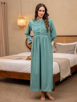 FEATHERS CLOSET - Sea Green Soft Crepe Pin Tucks Night Maxi Gown
