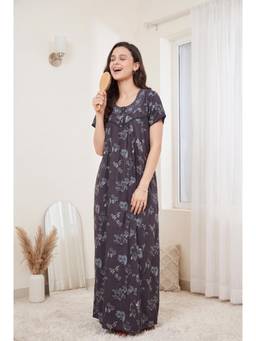 JULIANA DREAM - Womens Charcoal Grey Floral Printed Round Neck Night Gown