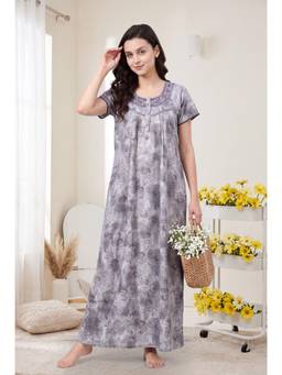 JULIANA DREAM - Womens Lavender Floral Printed Round Neck Long Night Gown