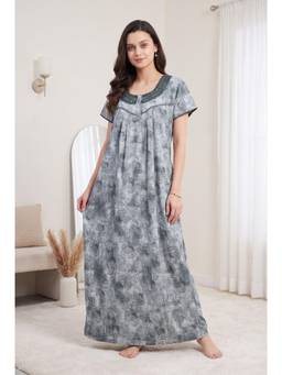JULIANA DREAM - Womens Grey Floral Printed Round Neck Long Night Gown