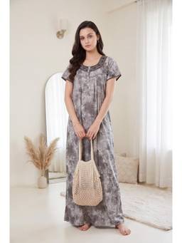 JULIANA DREAM - Womens Grey Floral Printed Round Neck Long Night Gown Size
