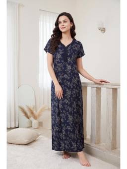 JULIANA DREAM - Womens Navy Blue Floral Printed V-Neck Long Night Gown size