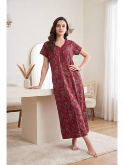 JULIANA DREAM - Womens Red Floral Printed V-Neck Long Night Gown Size