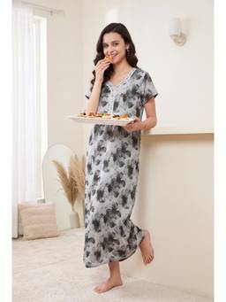 JULIANA DREAM - Womens Grey Floral Printed Long Night Gown Size