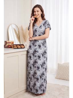 JULIANA DREAM - Womens Grey Floral Printed long Night Gown Size
