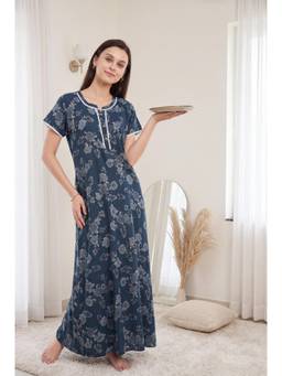JULIANA DREAM - Womens Navy Blue Floral Printed Long Night Gown Size