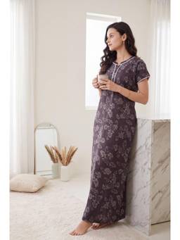 JULIANA DREAM - Womens Purple Floral Printed Round Neck Long Night Gown Size