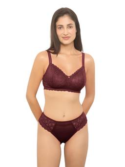 Sonari - Womens LORIA Bridal Lingerie Full Coverage Non-Padded Maroon Bra & Panty Set