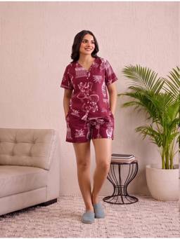 PIMU - Women Red Floral Print Nightwear Shirt with Shorts