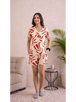 PIMU - Women Beige Floral Print Nightwear Shirt with Shorts