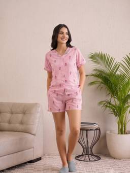 PIMU - Women Pink Embroidered Nightwear Shirt with Shorts