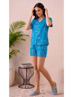 PIMU - Women Blue Printed Nightwear Shirt with Shorts