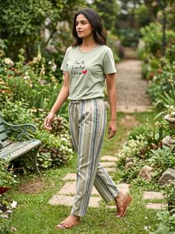 Global Republic - Cotton Hosiery Top With Pyjama For Women (Pista Green)