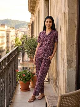 Global Republic - Cotton Blend Floral Print V-Neck Shirt With Pjyama For Women (Wine)
