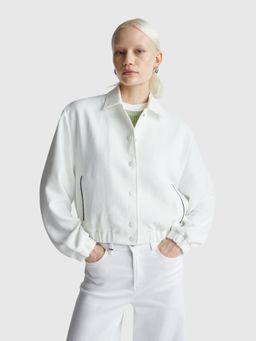 United Colors of Benetton - White Spread Collar Solid Bomber Felt Jacket