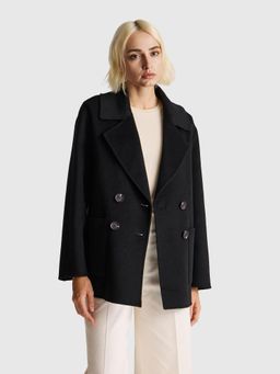 United Colors of Benetton - Black Lapel Solid Double Breasted Over Coat