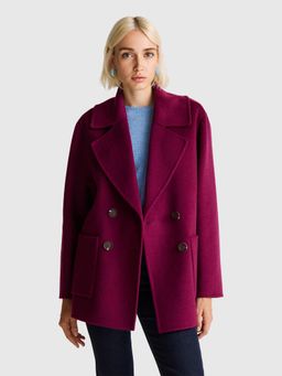 United Colors of Benetton - Wine Lapel Solid Double Breasted Over Coat
