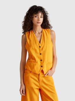 United Colors of Benetton - Orange V-Neck Solid Waistcoat
