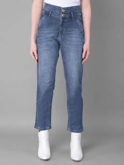 CRIMSOUNE CLUB - Solid Blue Relaxed Fit Jeans for Women