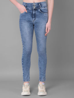 CRIMSOUNE CLUB - Solid Blue Skinny Fit Jeans for Women