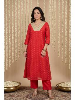 Aurelia - Women Red Embroidered Chanderi Kurta with Pant