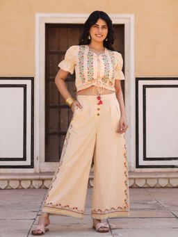 Juniper - Beige Floral Printed Pure Cotton Crop Top & Pants with Thread Work Embroidery