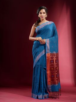 CHARUKRITI - Cobalt Blue with Ethnic Motif and Zari Design Saree with Unstitched Blouse