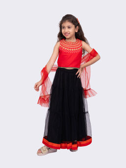 TWISHA - Sleeveless Embroidered Round Neck Choli with Lehenga - Red and Black
