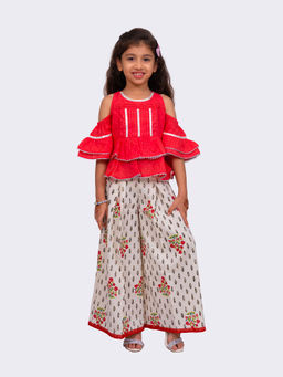 TWISHA - Girls Cold Sleeve Cotton Top With Printed Palazzo - Coral and White