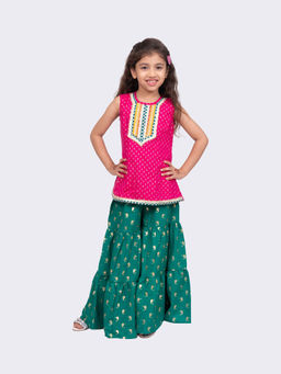 TWISHA - Girls Sleeveless Cotton Embellished Top with Sharara - Pink and Green