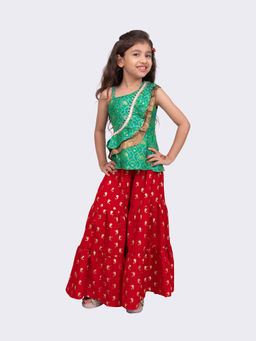 TWISHA - Girls Sleeveless Polyester One Shoulder Top With Sharara - Green and Red