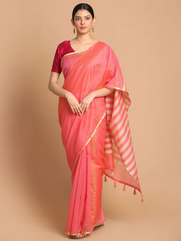 Indethnic - Banarasi Orange Solid Daily Wear Saree With Unstitched Blouse