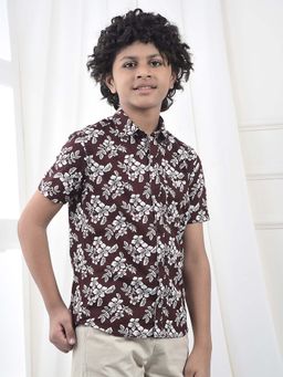 CRIMSOUNE CLUB - Boy's Purple Floral Print 100% Cotton Shirt