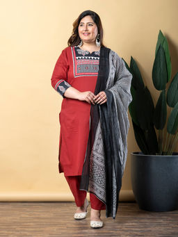 Readiprint - Straight Style Cotton Maroon Kurta with Pant & Dupatta (Set of 3)