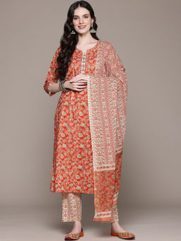 Readiprint - Straight Style Cotton Red Kurta with Palazzo & Dupatta (Set of 3)