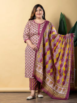 Readiprint - Straight Style Cotton Mauve Kurta with Pant & Dupatta (Set of 3)