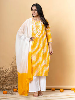 Readiprint - Straight Style Cotton Yellow Kurta with Palazzo & Dupatta (Set of 3)