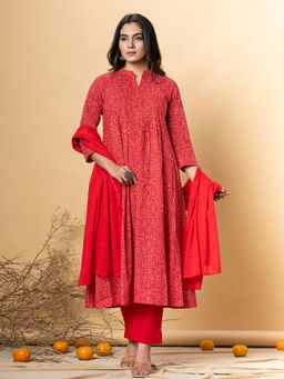 Readiprint - Anarkali Style Cotton Red Kurta with Pant & Dupatta (Set of 3)