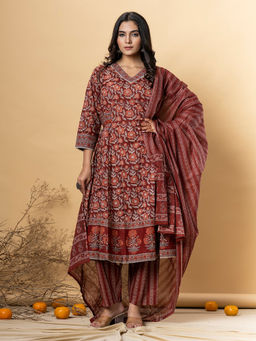 Readiprint - A Line Style Cotton Maroon Kurta with Palazzo & Dupatta (Set of 3)