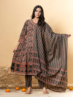 Readiprint - A Line Style Cotton Green Kurta with Palazzo & Dupatta (Set of 3)