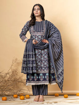 Readiprint - A Line Style Cotton Blue Kurta with Palazzo & Dupatta (Set of 3)