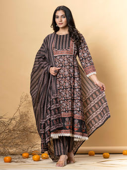 Readiprint - A Line Style Cotton Black Kurta with Palazzo & Dupatta (Set of 3)