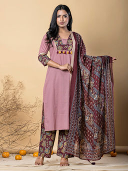 Readiprint - Straight Style Cotton Mauve Kurta with Palazzo & Dupatta (Set of 3)