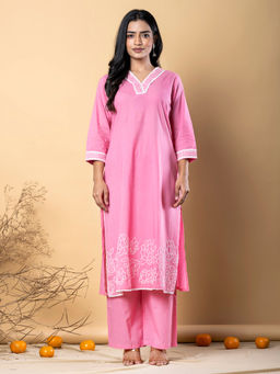 Readiprint - Straight Style Cotton Pink Kurta with Palazzo (Set of 2)