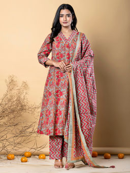 Readiprint - A Line Style Cotton Green Kurta with Palazzo & Dupatta (Set of 3)