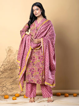 Readiprint - A Line Style Cotton Mauve Kurta with Palazzo & Dupatta (Set of 3)