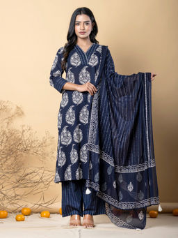 Readiprint - Straight Style Cotton Blue Kurta with Palazzo & Dupatta (Set of 3)