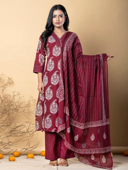 Readiprint - Straight Style Cotton Maroon Kurta with Palazzo & Dupatta (Set of 3)