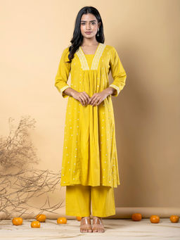 Readiprint - Anarkali Style Cotton Yellow Kurta with Palazzo (Set of 2)