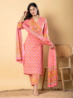 Readiprint - Straight Style Cotton Pink Kurta with Pant & Dupatta (Set of 3)